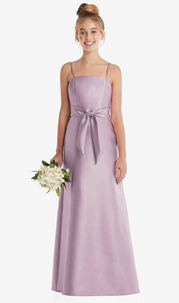 Front View - Suede Rose Spaghetti Strap Satin Junior Bridesmaid Dress with Mini Sash