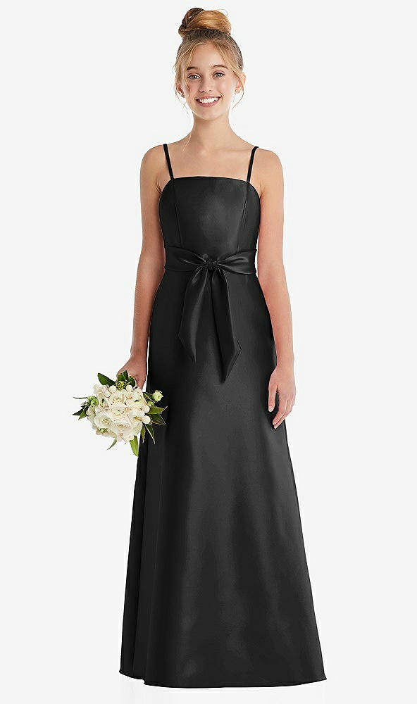 Front View - Black Spaghetti Strap Satin Junior Bridesmaid Dress with Mini Sash