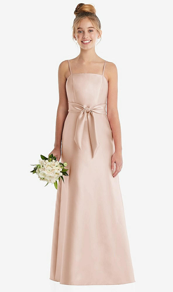 Front View - Cameo Spaghetti Strap Satin Junior Bridesmaid Dress with Mini Sash