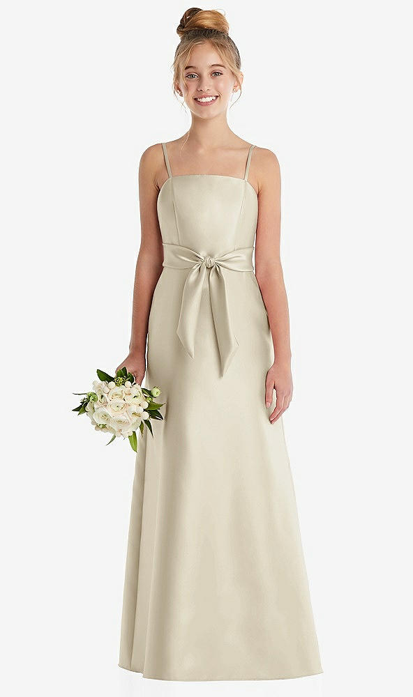 Front View - Champagne Spaghetti Strap Satin Junior Bridesmaid Dress with Mini Sash