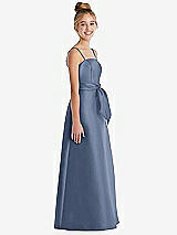 Side View Thumbnail - Larkspur Blue Spaghetti Strap Satin Junior Bridesmaid Dress with Mini Sash