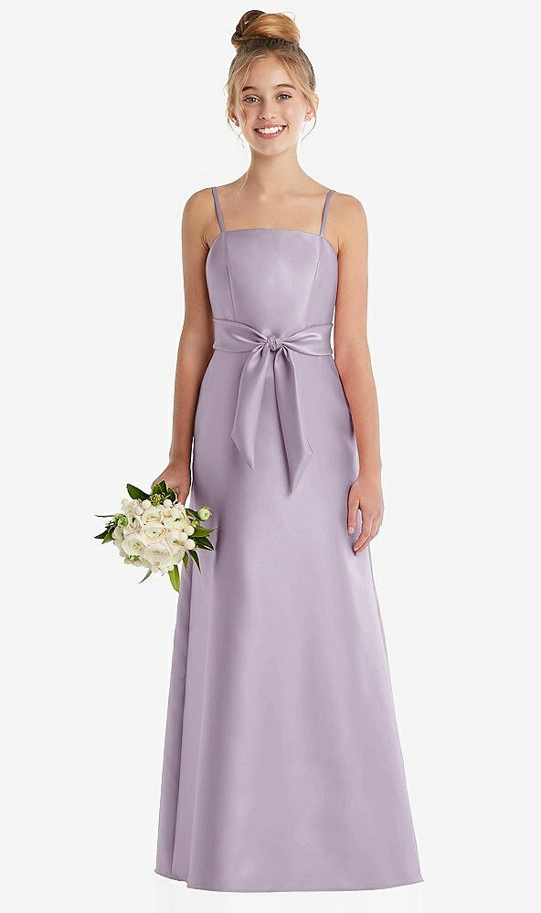 Front View - Lilac Haze Spaghetti Strap Satin Junior Bridesmaid Dress with Mini Sash