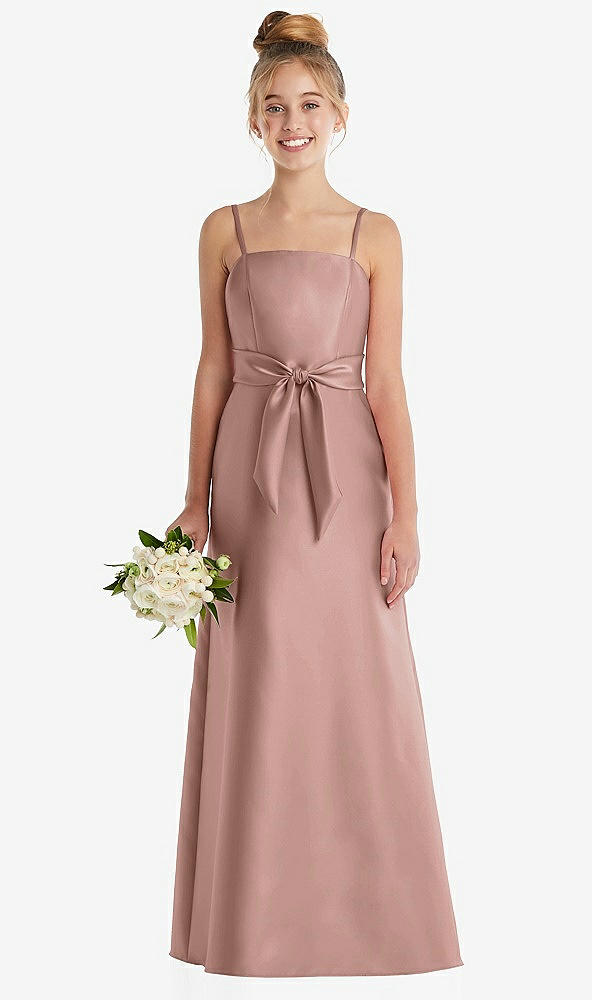 Front View - Neu Nude Spaghetti Strap Satin Junior Bridesmaid Dress with Mini Sash