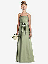 Front View Thumbnail - Sage Spaghetti Strap Satin Junior Bridesmaid Dress with Mini Sash