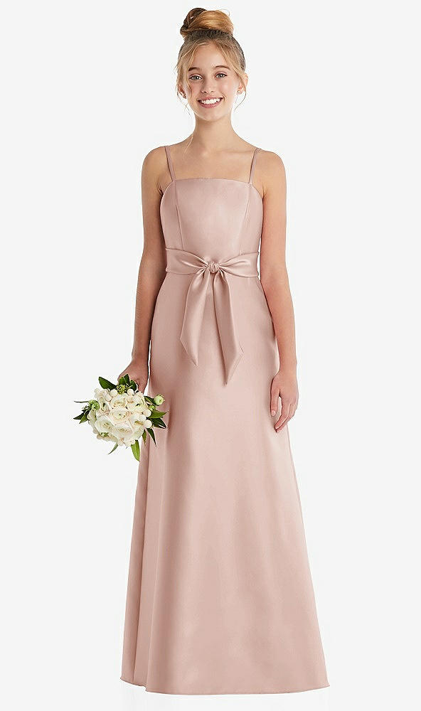 Front View - Toasted Sugar Spaghetti Strap Satin Junior Bridesmaid Dress with Mini Sash