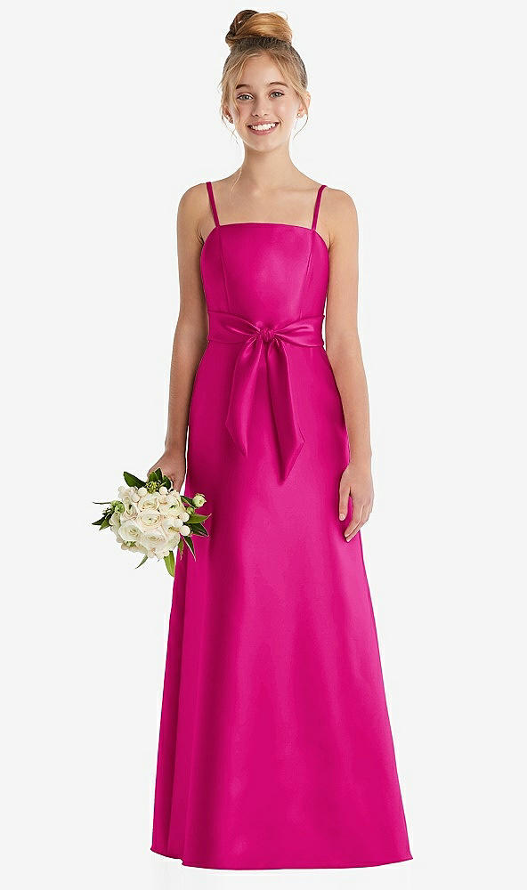 Front View - Think Pink Spaghetti Strap Satin Junior Bridesmaid Dress with Mini Sash