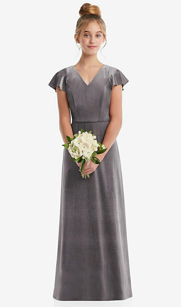 Front View - Caviar Gray Flutter Sleeve Tie Back Velvet Junior Bridesmaid Dress