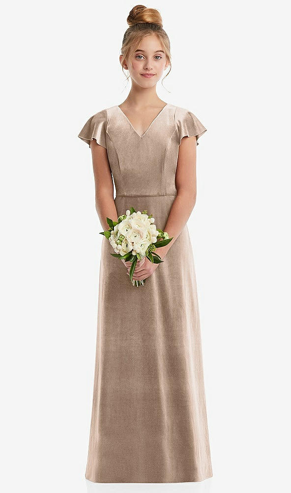 Front View - Topaz Flutter Sleeve Tie Back Velvet Junior Bridesmaid Dress