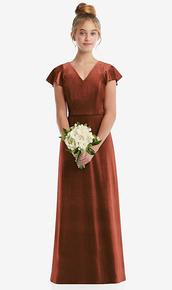 Front View - Auburn Moon Flutter Sleeve Tie Back Velvet Junior Bridesmaid Dress