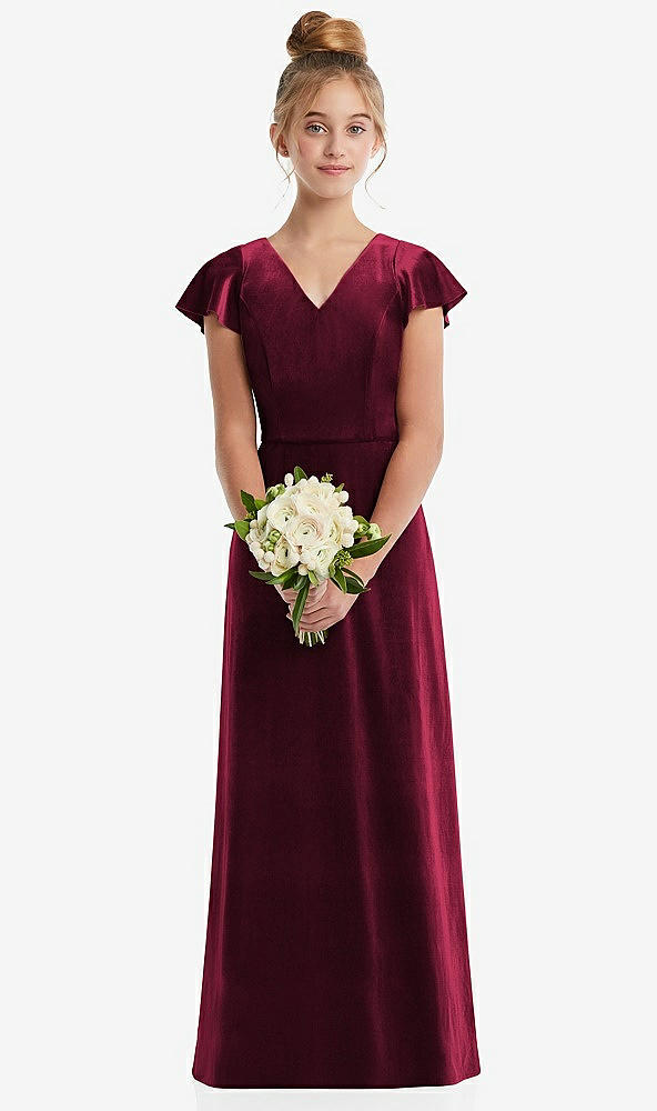 Front View - Cabernet Flutter Sleeve Tie Back Velvet Junior Bridesmaid Dress