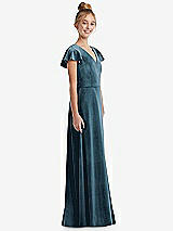 Side View Thumbnail - Dutch Blue Flutter Sleeve Tie Back Velvet Junior Bridesmaid Dress