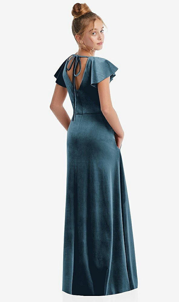 Back View - Dutch Blue Flutter Sleeve Tie Back Velvet Junior Bridesmaid Dress