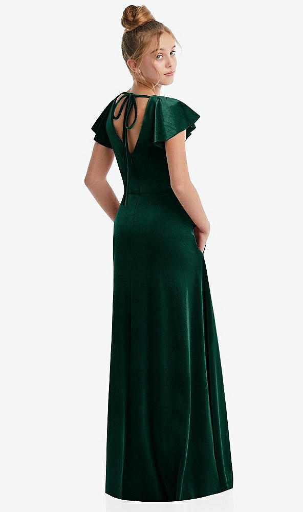 Back View - Evergreen Flutter Sleeve Tie Back Velvet Junior Bridesmaid Dress