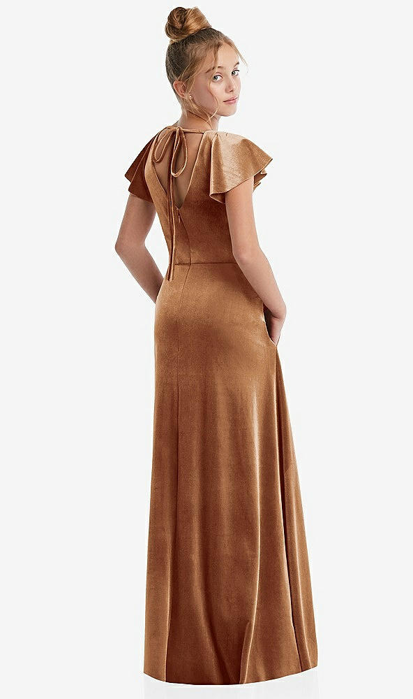 Back View - Golden Almond Flutter Sleeve Tie Back Velvet Junior Bridesmaid Dress