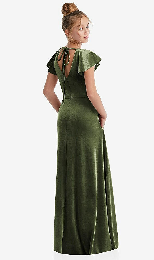 Back View - Olive Green Flutter Sleeve Tie Back Velvet Junior Bridesmaid Dress