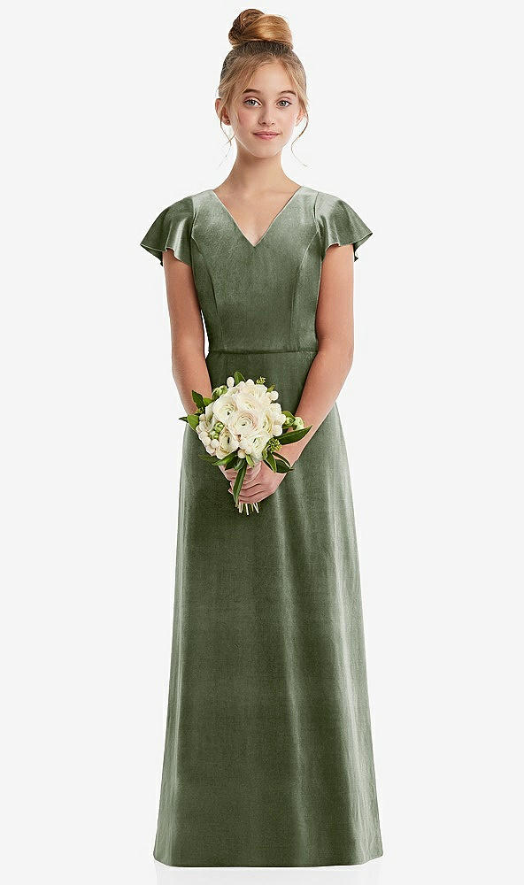 Front View - Sage Flutter Sleeve Tie Back Velvet Junior Bridesmaid Dress