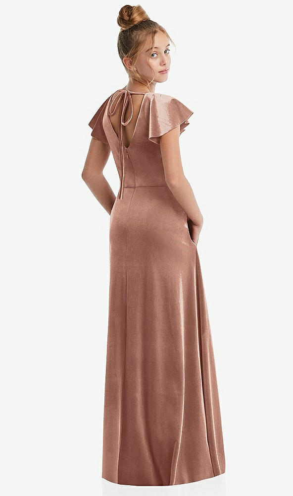 Back View - Tawny Rose Flutter Sleeve Tie Back Velvet Junior Bridesmaid Dress