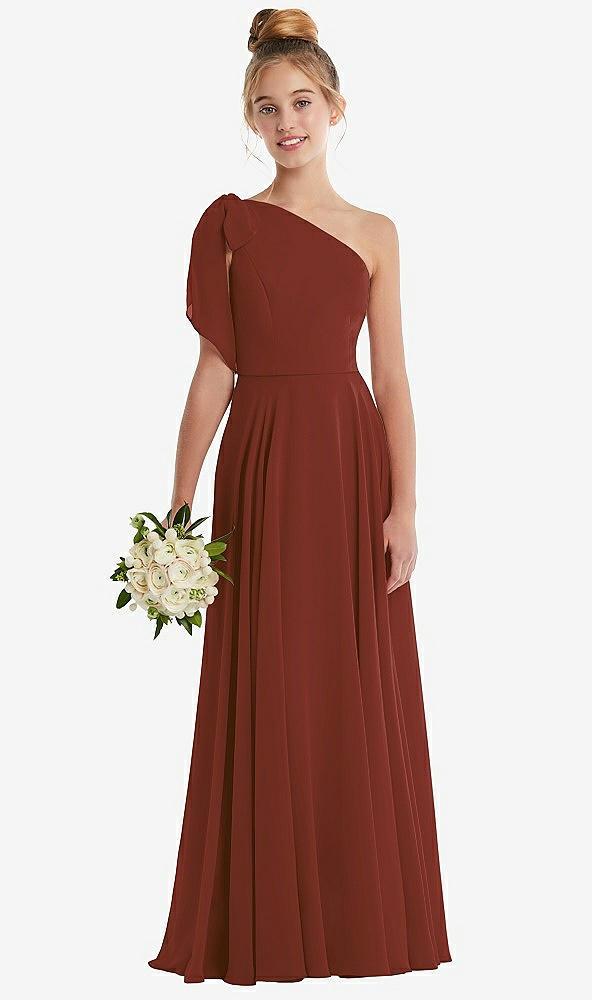 Front View - Auburn Moon One-Shoulder Scarf Bow Chiffon Junior Bridesmaid Dress