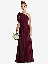 Front View Thumbnail - Cabernet One-Shoulder Scarf Bow Chiffon Junior Bridesmaid Dress