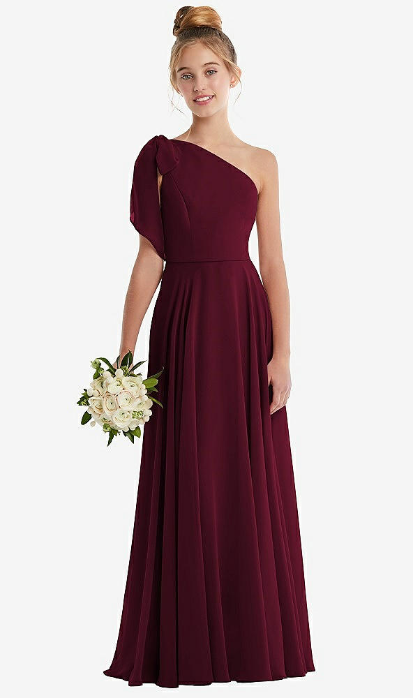 Front View - Cabernet One-Shoulder Scarf Bow Chiffon Junior Bridesmaid Dress