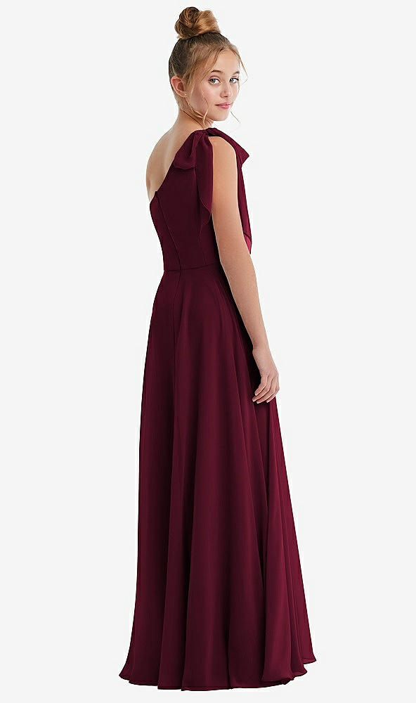 Back View - Cabernet One-Shoulder Scarf Bow Chiffon Junior Bridesmaid Dress