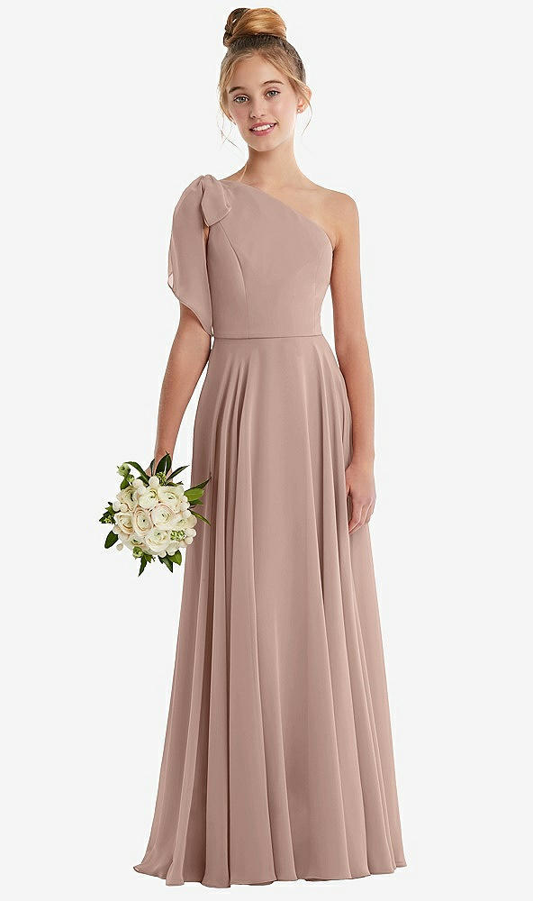 Front View - Neu Nude One-Shoulder Scarf Bow Chiffon Junior Bridesmaid Dress