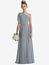 Front View Thumbnail - Platinum One-Shoulder Scarf Bow Chiffon Junior Bridesmaid Dress