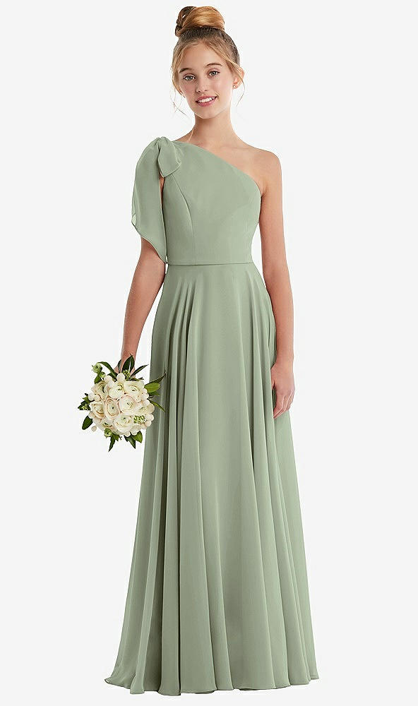 Front View - Sage One-Shoulder Scarf Bow Chiffon Junior Bridesmaid Dress