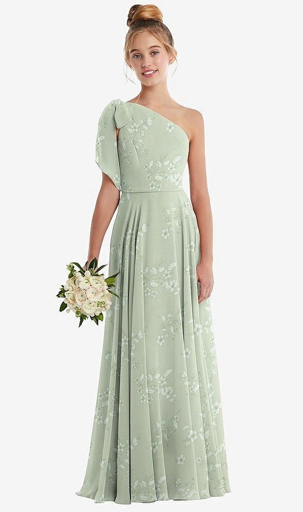 Front View - Vintage Primrose Sage One-Shoulder Scarf Bow Chiffon Junior Bridesmaid Dress