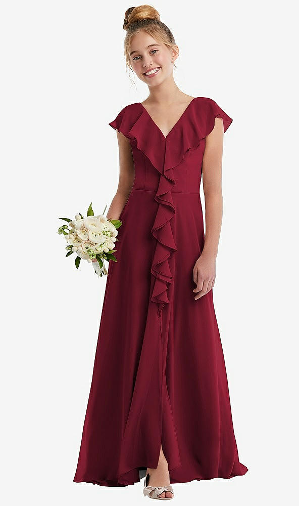 Front View - Burgundy Cascading Ruffle Full Skirt Chiffon Junior Bridesmaid Dress