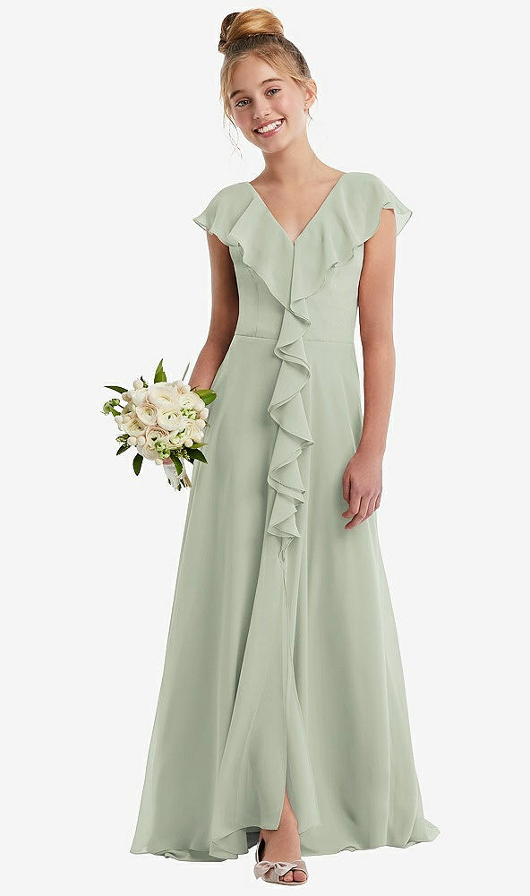 Front View - Celadon Cascading Ruffle Full Skirt Chiffon Junior Bridesmaid Dress