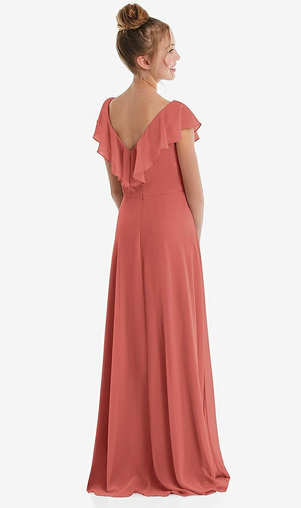 Back View - Coral Pink Cascading Ruffle Full Skirt Chiffon Junior Bridesmaid Dress