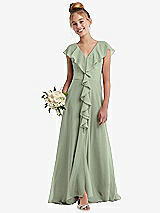 Front View Thumbnail - Sage Cascading Ruffle Full Skirt Chiffon Junior Bridesmaid Dress