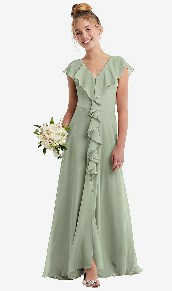 Front View - Sage Cascading Ruffle Full Skirt Chiffon Junior Bridesmaid Dress