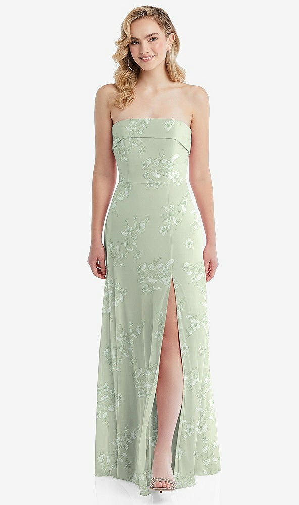 Front View - Vintage Primrose Sage Cuffed Strapless Maxi Dress with Front Slit