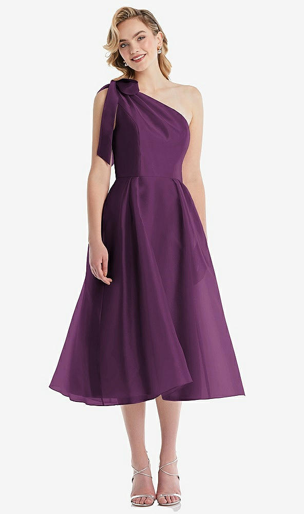 Front View - Aubergine Scarf-Tie One-Shoulder Organdy Midi Dress 