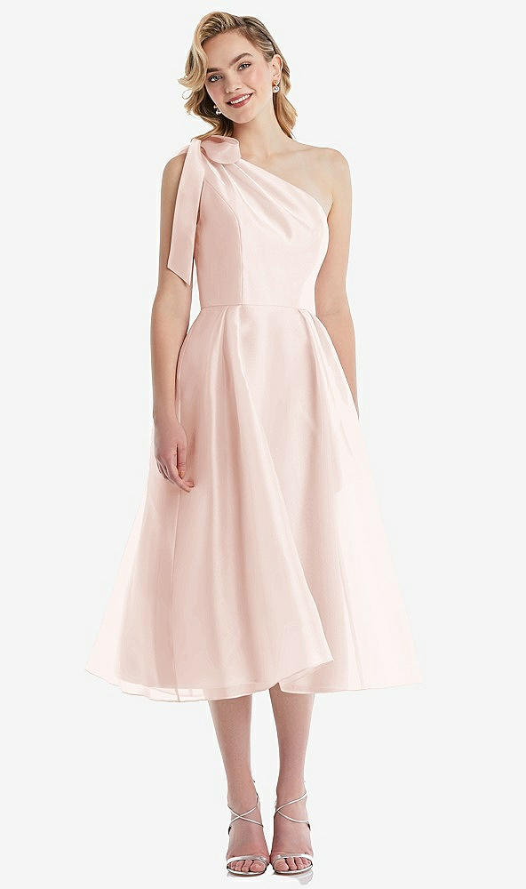 Front View - Blush Scarf-Tie One-Shoulder Organdy Midi Dress 