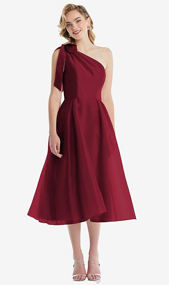 Front View - Burgundy Scarf-Tie One-Shoulder Organdy Midi Dress 