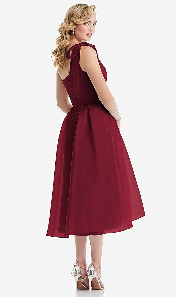 Back View - Burgundy Scarf-Tie One-Shoulder Organdy Midi Dress 