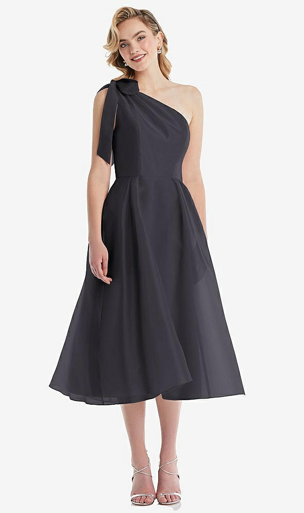 Front View - Onyx Scarf-Tie One-Shoulder Organdy Midi Dress 