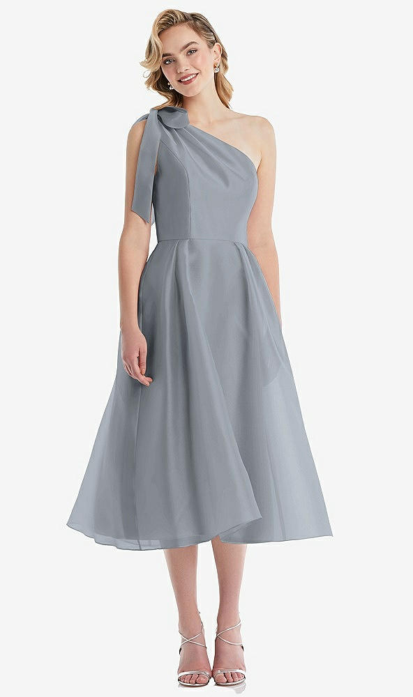 Front View - Platinum Scarf-Tie One-Shoulder Organdy Midi Dress 