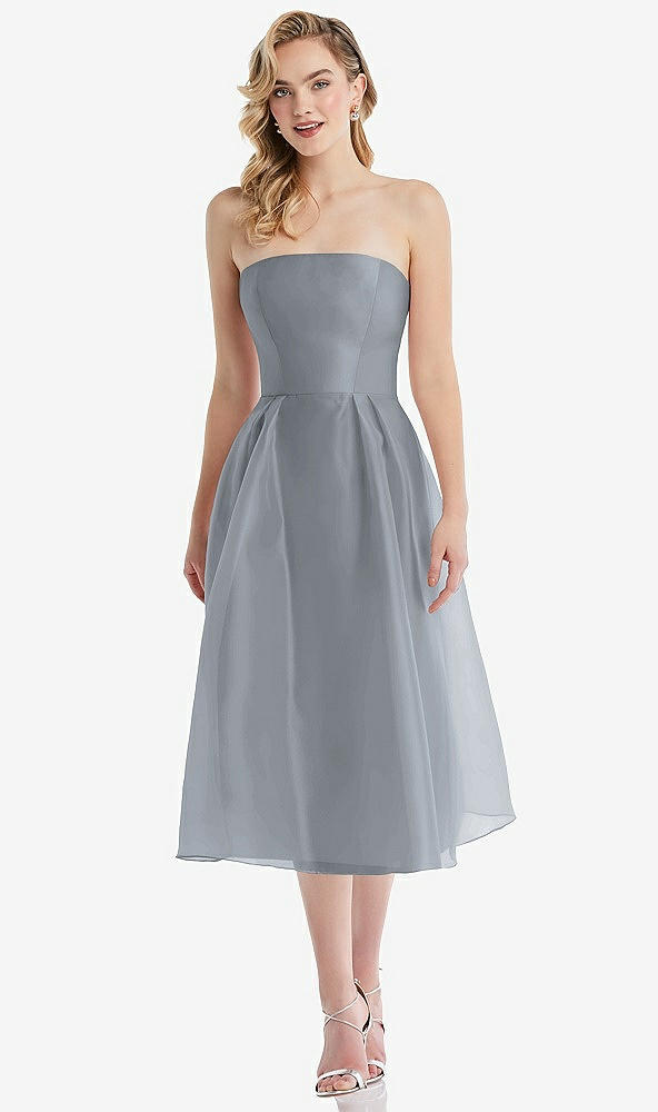 Front View - Platinum Strapless Pleated Skirt Organdy Midi Dress