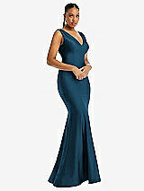 Alt View 1 Thumbnail - Atlantic Blue Shirred Shoulder Stretch Satin Mermaid Dress with Slight Train