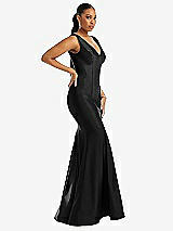 Side View Thumbnail - Black Shirred Shoulder Stretch Satin Mermaid Dress with Slight Train