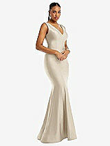 Alt View 1 Thumbnail - Champagne Shirred Shoulder Stretch Satin Mermaid Dress with Slight Train