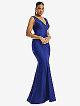 Alt View 1 Thumbnail - Cobalt Blue Shirred Shoulder Stretch Satin Mermaid Dress with Slight Train