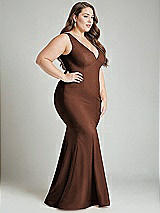 Alt View 3 Thumbnail - Cognac Shirred Shoulder Stretch Satin Mermaid Dress with Slight Train