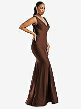 Side View Thumbnail - Cognac Shirred Shoulder Stretch Satin Mermaid Dress with Slight Train