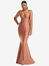 Front View Thumbnail - Copper Penny Shirred Shoulder Stretch Satin Mermaid Dress with Slight Train