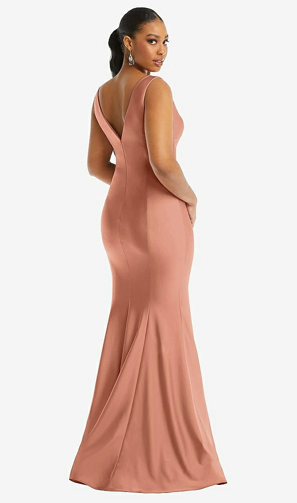 Back View - Copper Penny Shirred Shoulder Stretch Satin Mermaid Dress with Slight Train